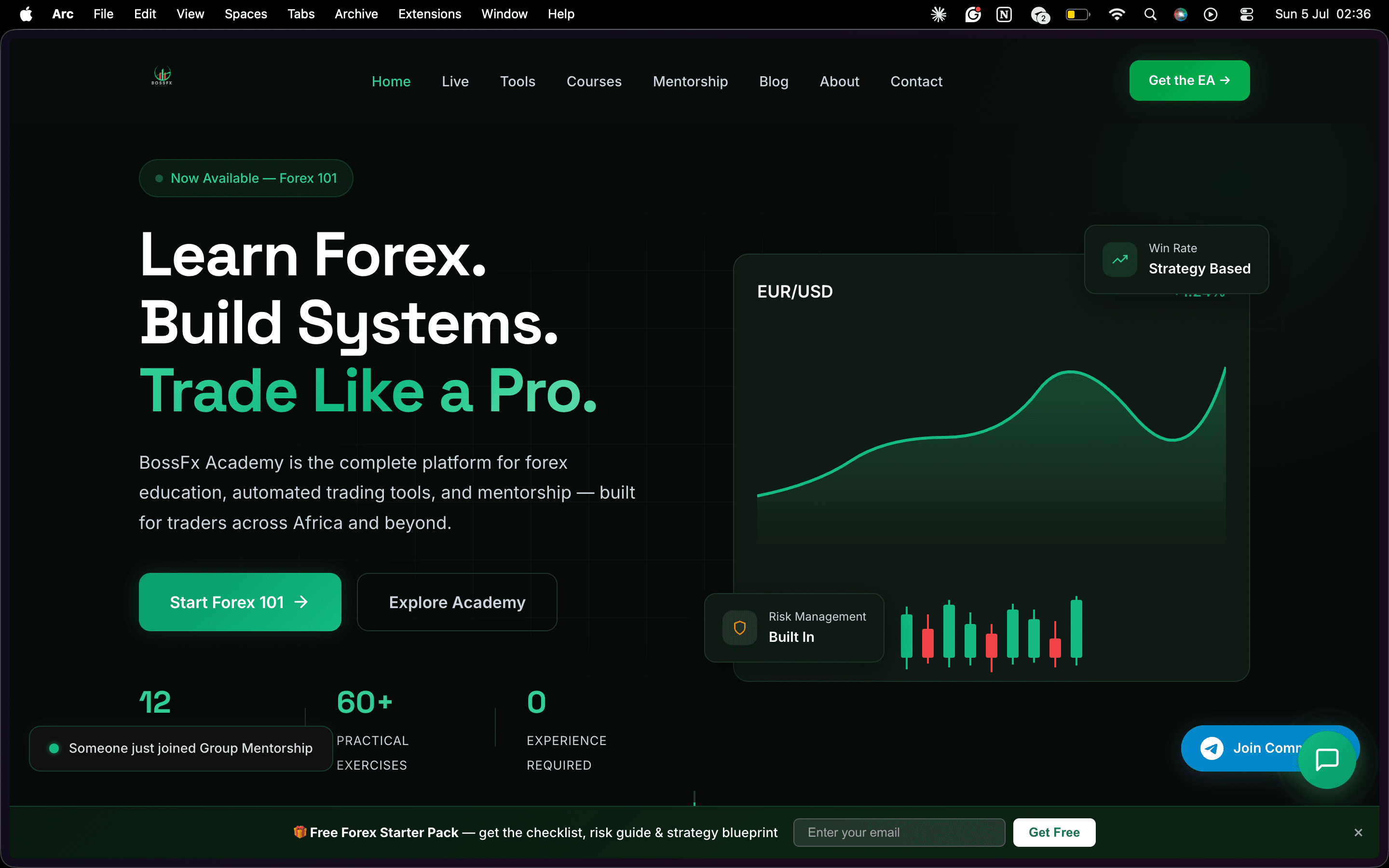 The live BossFx Academy homepage: Learn Forex. Build Systems. Trade Like a Pro.